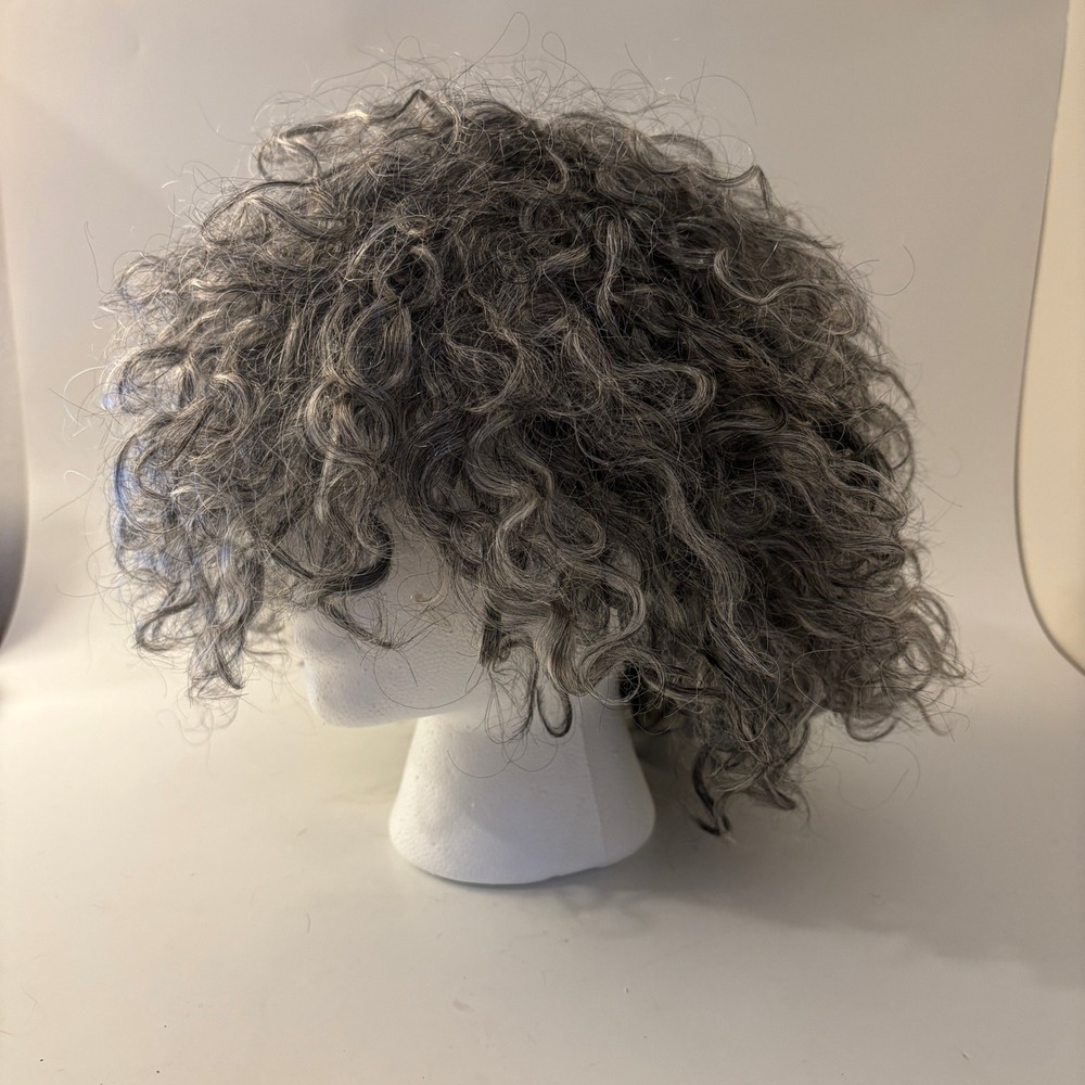 Cliclihair Curly Short Wig Womens OS Gray Salt and Pepper Real Human Hair NEW